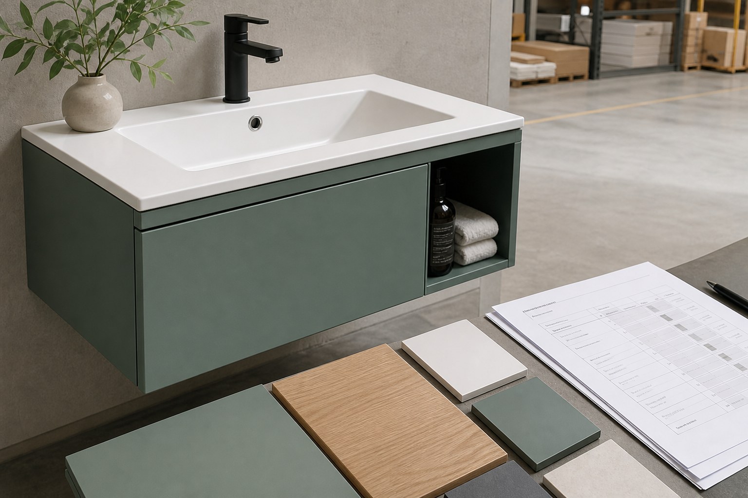 Vanity sample review with finish swatches and quotation sheets