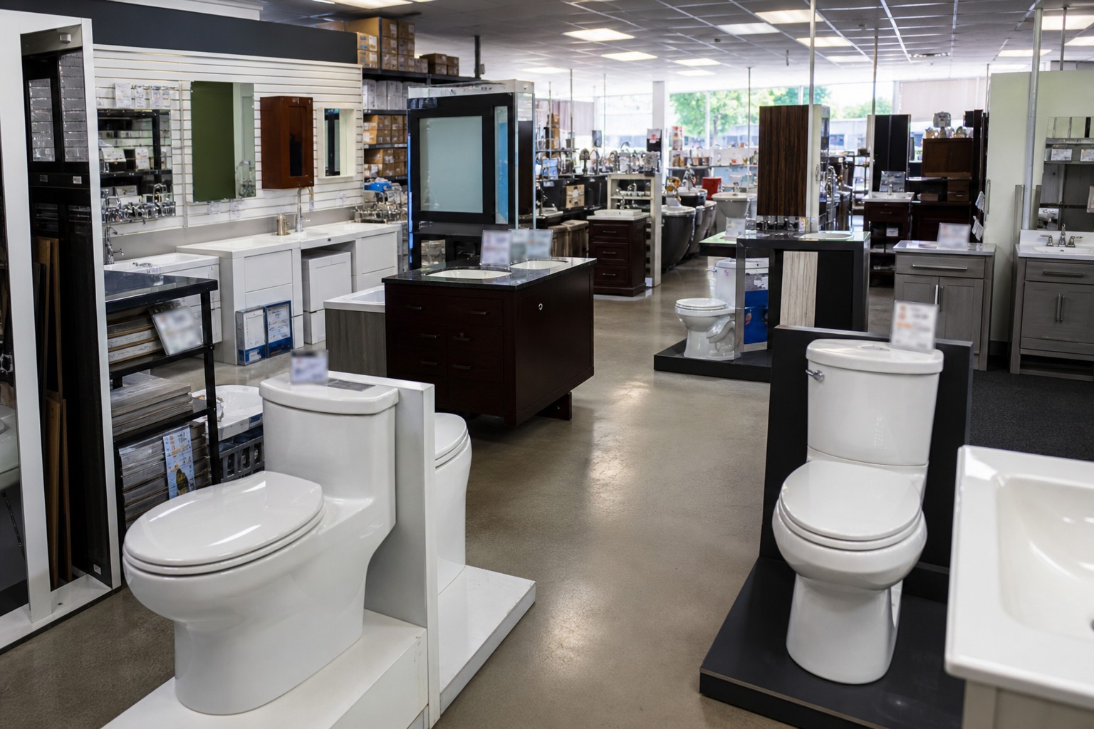 Distributor showroom floor with toilets and bathroom vanities