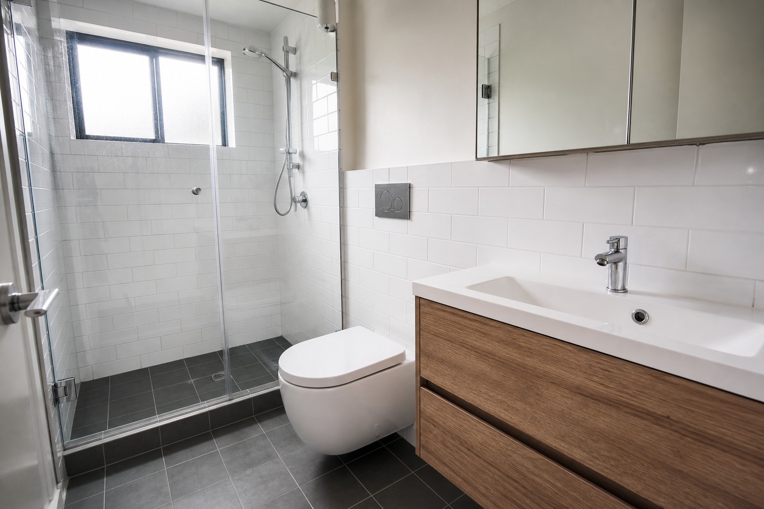 Multi-family apartment bathroom with floating vanity and wall-hung toilet