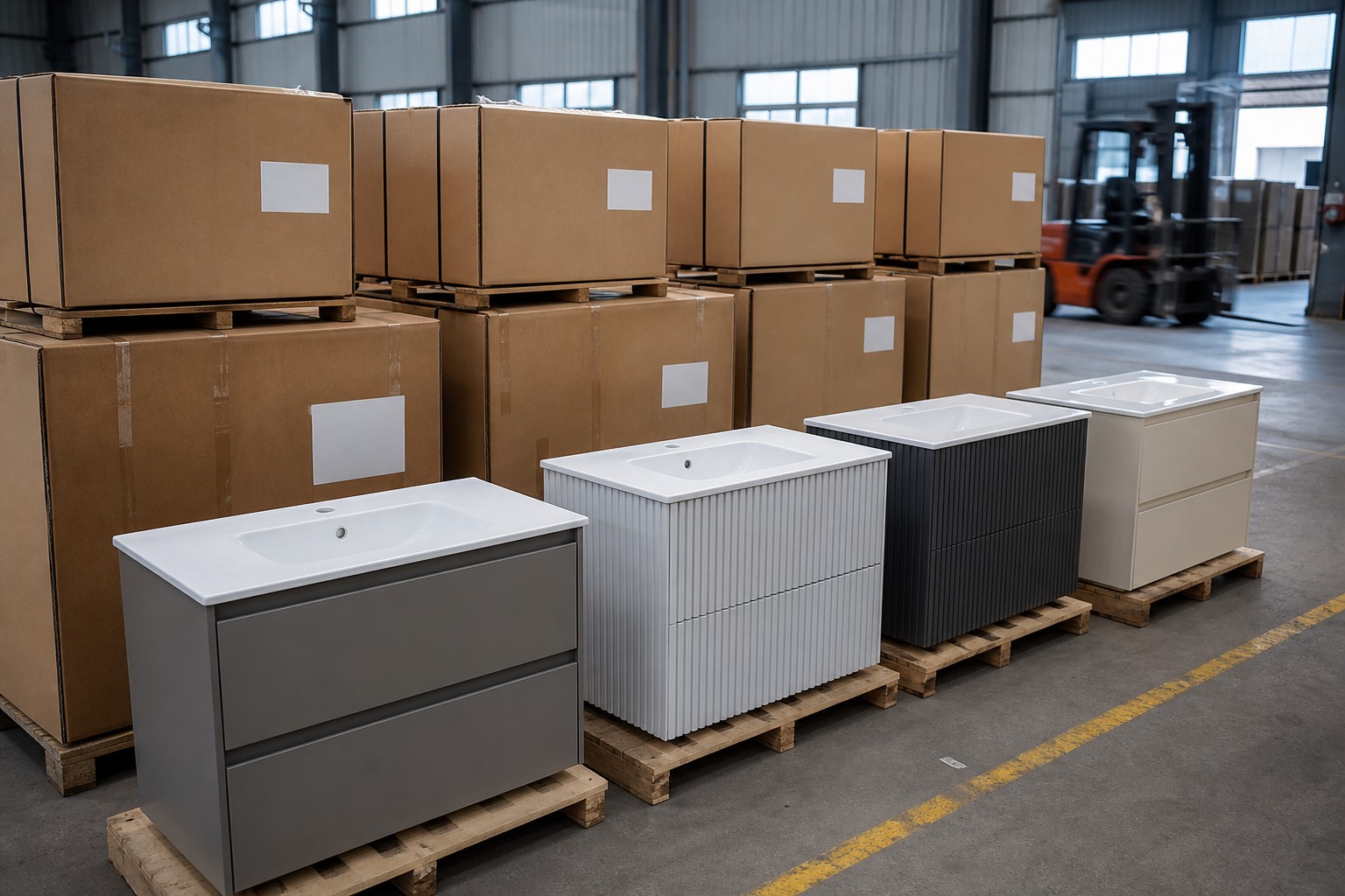 Private-label vanities staged for retail OEM warehouse shipment
