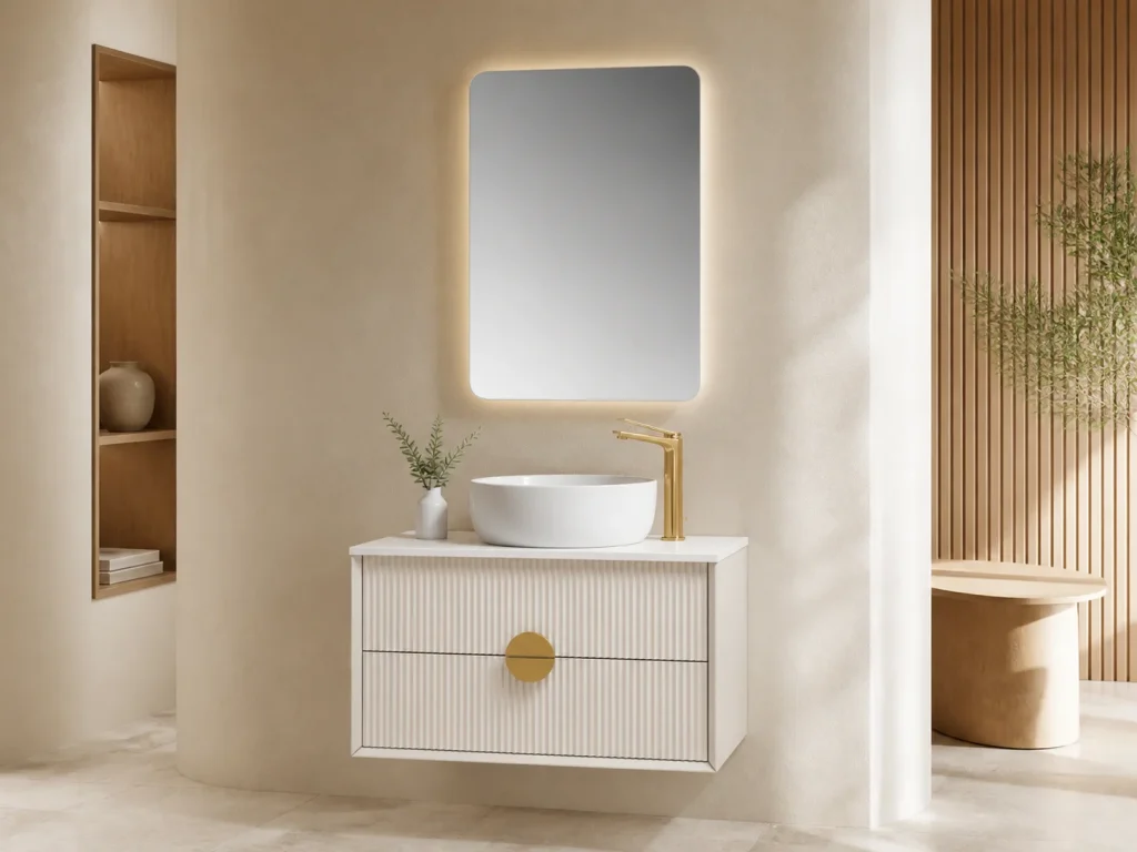 Compact bathroom vanity in a small bath setting