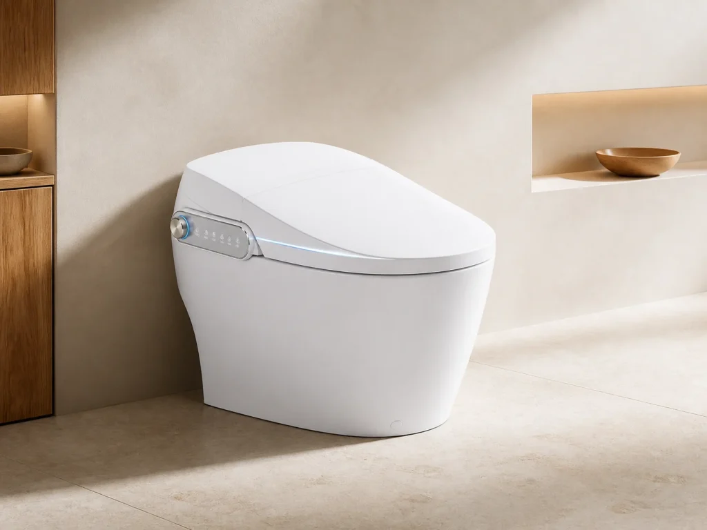 Smart toilet in a warm contemporary bathroom